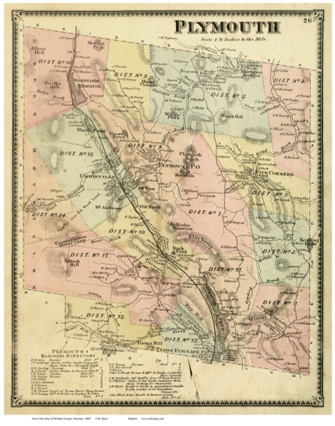 Plymouth, Vermont 1869 Old Town Map Reprint - Windsor Co.