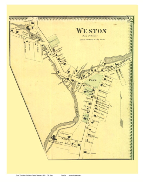 Weston Village (Custom), Vermont 1869 Old Town Map Reprint - Windsor Co.