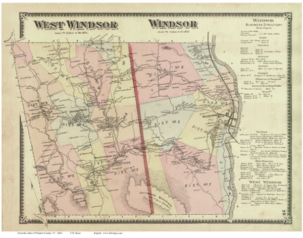 Windsor and West Windsor, Vermont 1869 Old Town Map Reprint - Windsor Co.