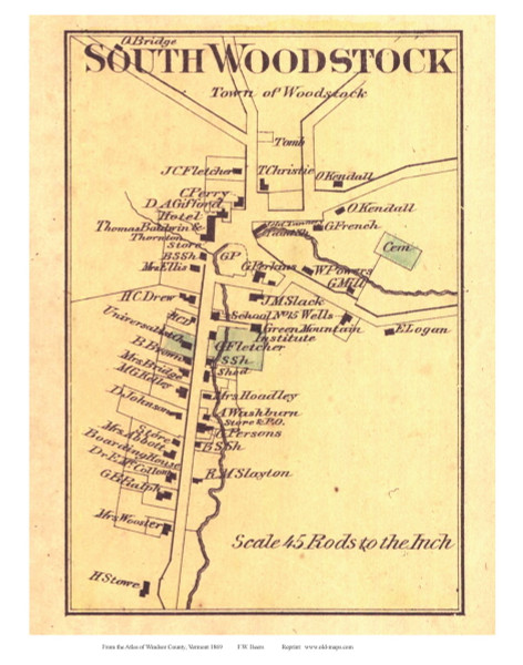 South Woodstock Village (Custom) - Woodstock, Vermont 1869 Old Town Map Reprint - Windsor Co.