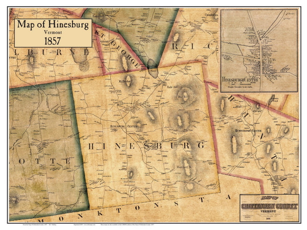 Hinesburg Poster Map, 1857 Old Town Map Custom Print - Chittenden Co. VT