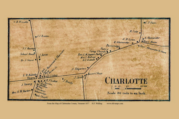 Charlotte Village, Vermont 1857 Old Town Map Custom Print - Chittenden Co.