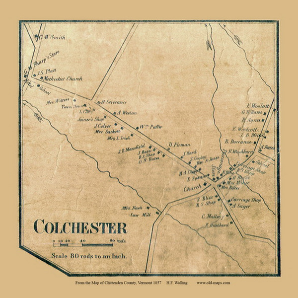 Colchester Village, Vermont 1857 Old Town Map Custom Print - Chittenden Co.