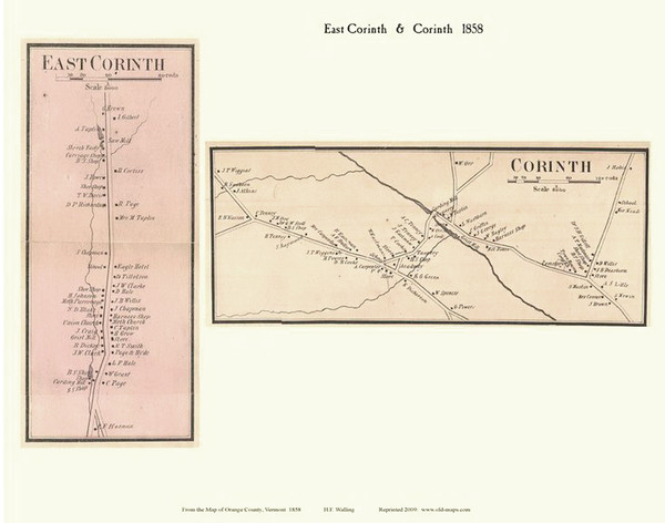 Corinth and East Corinth Villages, Vermont 1858 Old Town Map Custom Print - Orange Co.