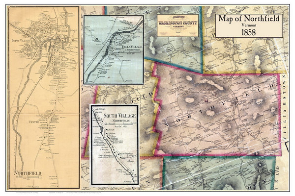 Northfield Poster Map, 1858 Old Town Map Custom Print - Washington Co. VT
