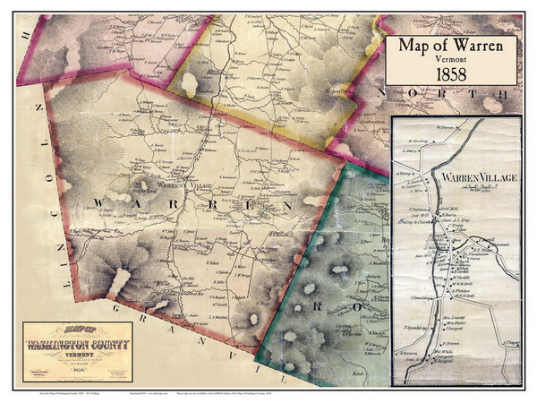 Warren Poster Map, 1858 Old Town Map Custom Print - Washington Co. VT