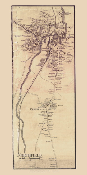 Northfield Village, Depot Village, Northfield Centre, Vermont 1858 Old Town Map Custom Print - Washington Co.