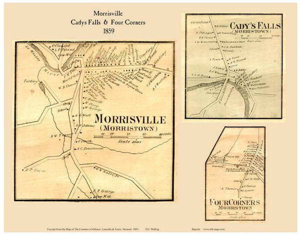Morrisville, Cady's Falls, and Four Corners Villages, Vermont 1859 Old Town Map Custom Print - Lamoille Co.