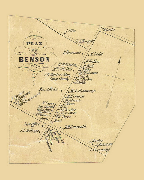 Benson Village, Vermont 1854 Old Town Map Custom Print - Rutland Co. Benson Village, Vermont 1854 Old Town Map Custom Print - Rutland Co.