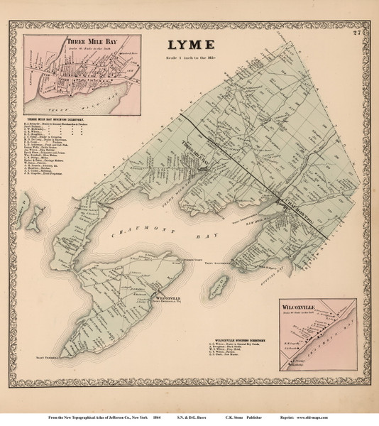 Lyme Town, Three Mile Bay and Wilcoxville Villages, New York 1864 - Old Town Map Reprint - Jefferson Co.