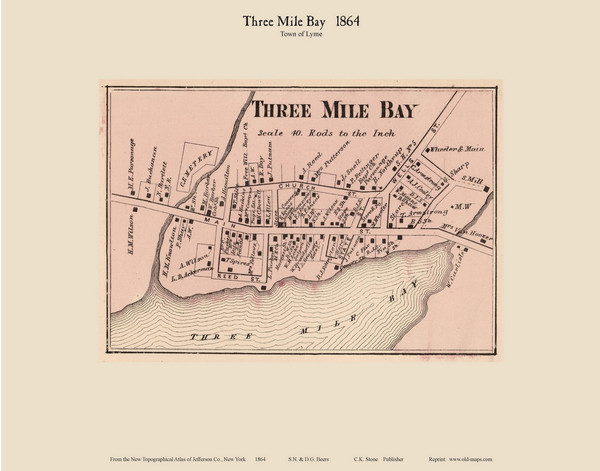 Three Mile Bay - Lyme, New York 1864 - Old Town Map Reprint - Jefferson Co. Three Mile Bay - Lyme, New York 1864 - Old Town Map Reprint - Jefferson Co.