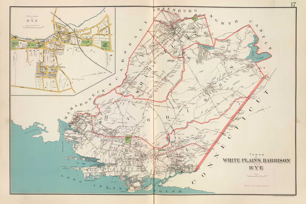 White Plains, Harrison, and Rye, New York 1893 - Old Town Map Reprint - Westchester Co. Atlas 17