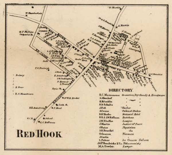 Red Hook Village, New York 1858 Old Town Map Custom Print - Dutchess Co.