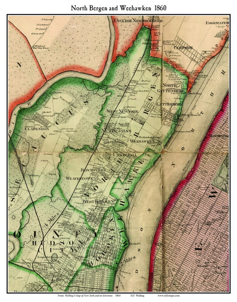 North Bergen and Weehawken, New Jersey 1860 Old Town Map Custom Print - NYC Environs