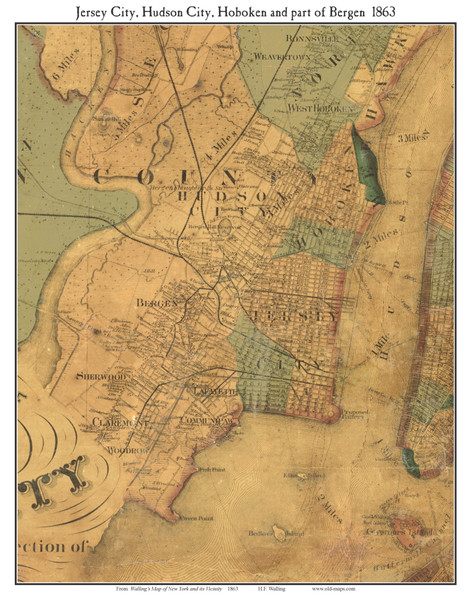 Jersey City, Hudson City, Hoboken and part of Bergen, New Jersey 1863 Old Town Map Custom Print - NYC Vicinity