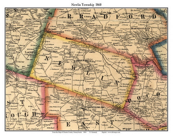 Newlin Township, Pennsylvania 1860 Old Town Map Custom Print - Chester Co.