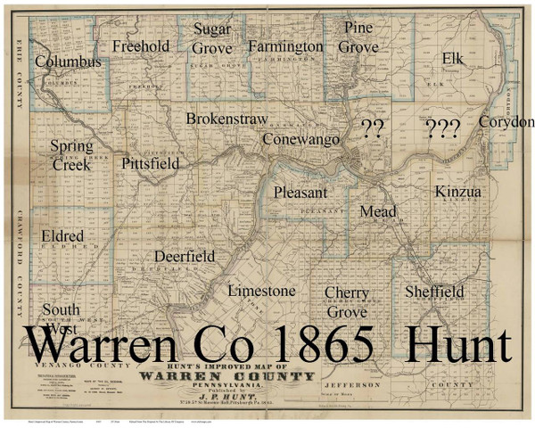 Towns on Source Map - Warren Co., Pennsylvania 1865 - NOT FOR SALE - Warren Co.