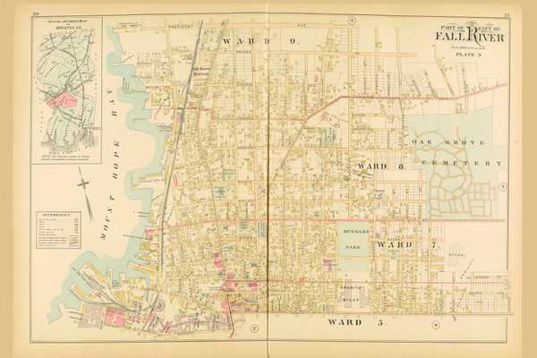 Fall River City - Plate 3, Massachusetts 1895 Old Town Map Reprint - Bristol Co.