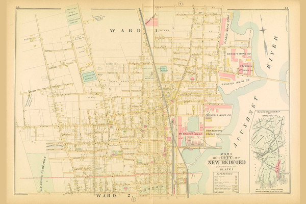 New Bedford City - Plate 1, Massachusetts 1895 Old Town Map Reprint - Bristol Co. New Bedford City - Plate 1, Massachusetts 1895 Old Town Map Reprint - Bristol Co.