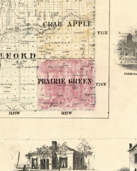 Prairie Green, Illinois 1860 Old Town Map Custom Print - Iroquois & Kankakee Cos.
