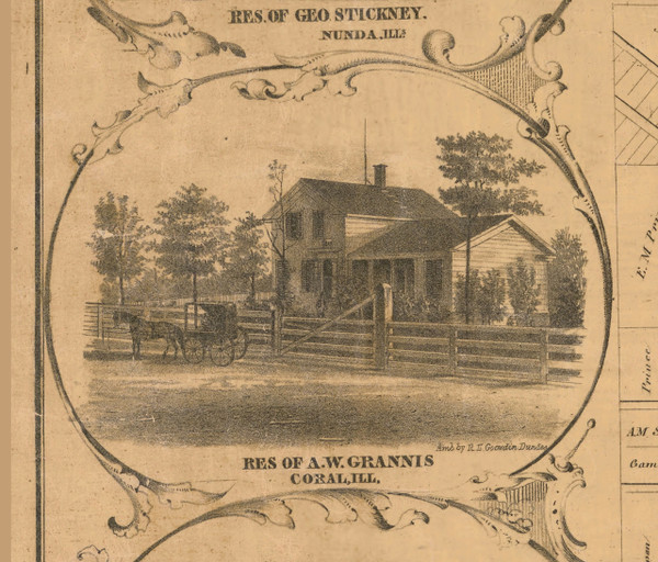 AW Grannis Residence Coral - McHenry Co. , Illinois 1862 Old Town Map Custom Print - McHenry Co.