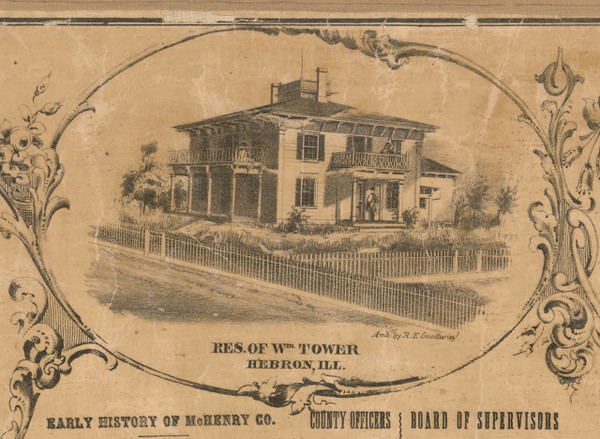 William Tower Residence Hebron - McHenry Co. , Illinois 1862 Old Town Map Custom Print - McHenry Co.