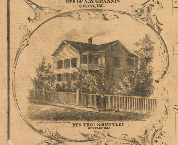 Thomas Huntley Residence Huntley - McHenry Co. , Illinois 1862 Old Town Map Custom Print - McHenry Co.