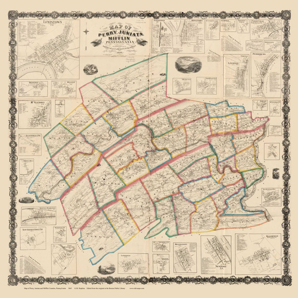 Perry, Juniata, and Mifflin County Pennsylvania 1863 - Old Map Reprint