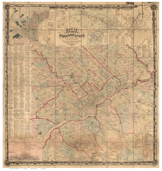 Philadelphia Vicinity, Pennsylvania 1860 - Old Map Reprint - County Wall Map - Gillette Only