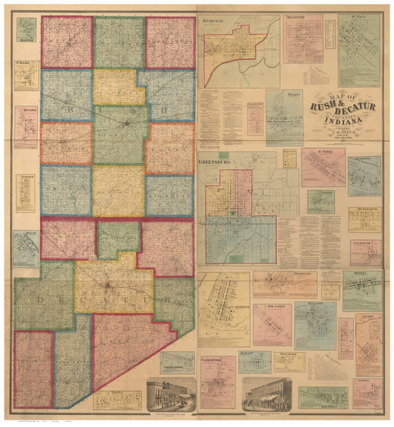 Rush & Decatur Counties, Indiana 1867 - Old Map Reprint