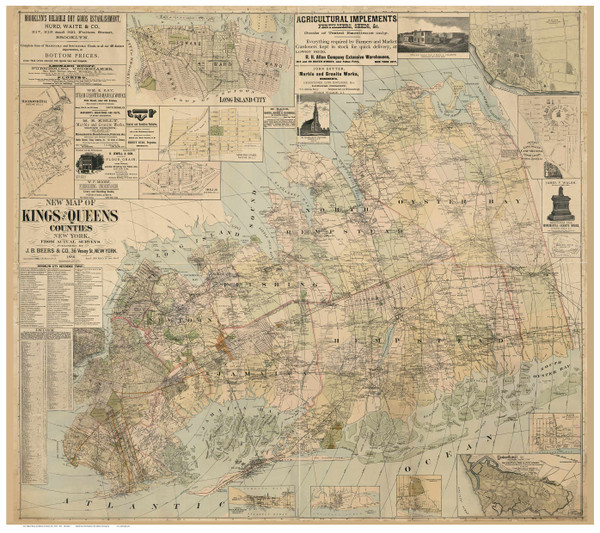 Kings & Queens County New York 1886 - Old Map Reprint