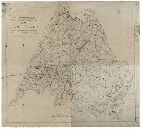 Campbell County Virginia 1864 - Old Map Reprint