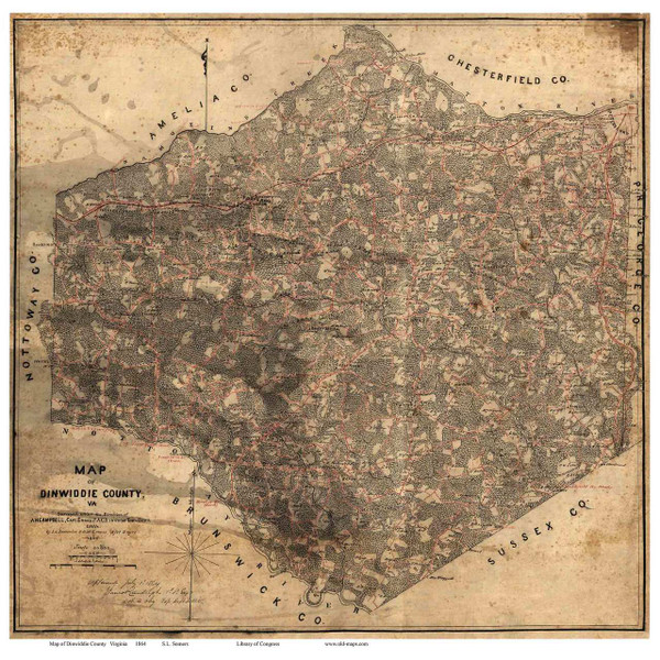 Dinwiddie County Virginia 1864 - Old Map Reprint