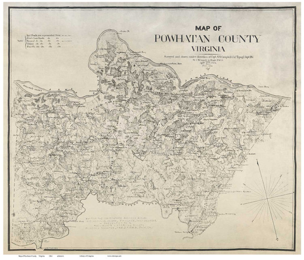 Powhatan County Virginia 1864 - Old Map Reprint