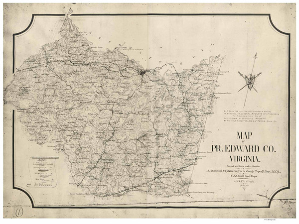 Prince Edward County Virginia 1864 - Old Map Reprint
