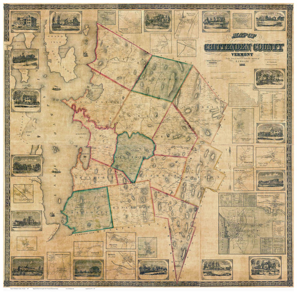 Chittenden County Vermont 1857 - Old Map Reprint
