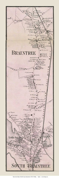 Braintree and South Braintree Villages, Massachusetts 1858 Old Town Map Custom Print - Norfolk Co.