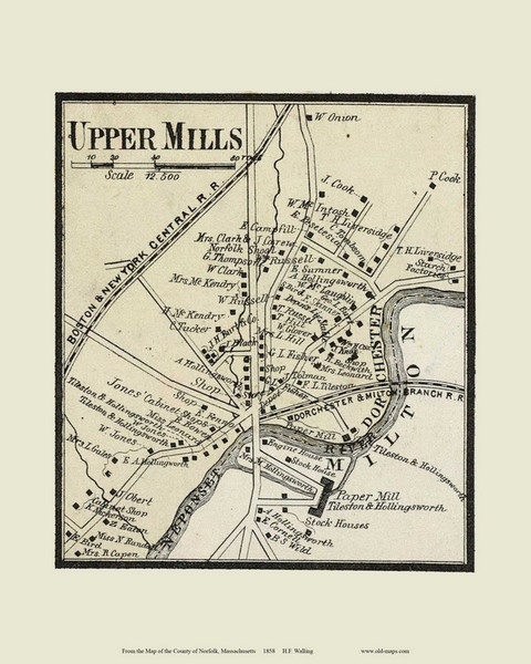 Dorchester and Upper Mills Villages, Massachusetts 1858 Old Town Map Custom Print - Norfolk Co.