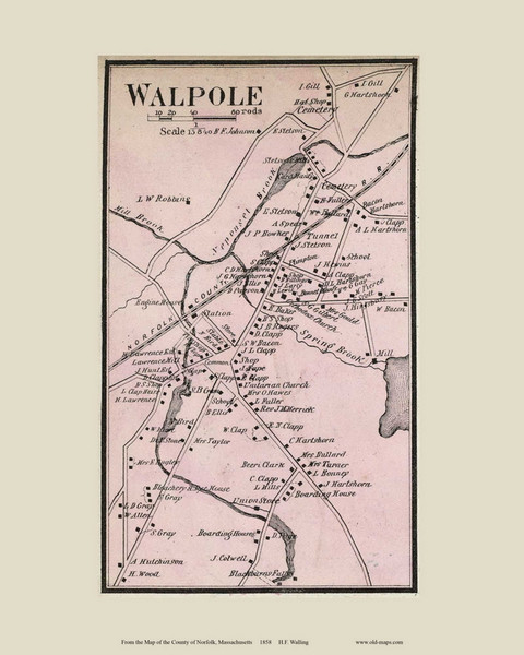 Walpole Centre Village, Massachusetts 1858 Old Town Map Custom Print - Norfolk Co.