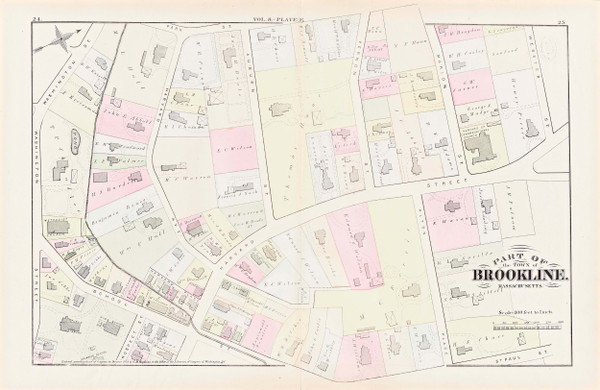 Brookline Plate E Harvard Street, 1874 - Old Street Map Reprint - Auburn Street, Harvard Street Congregational Church -Brookline 1874 Atlas