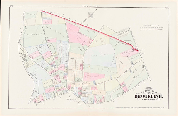 Brookline Plate F Beacon Street, 1874 - Old Street Map Reprint - Jordan March & Co, Pleasant Street, Brighton Avenue -Brookline 1874 Atlas