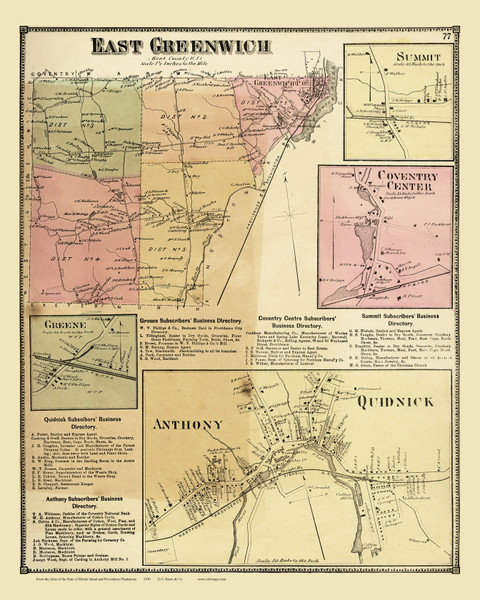East Greenwich Quidnick Anthony, Rhode Island 1870 - Old Town Map Reprint