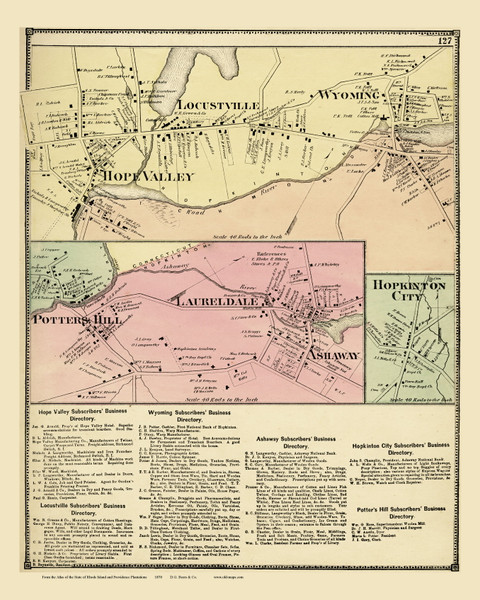 Hopkinton Laureldale Hope Valley Potters Hill, Rhode Island 1870 - Old Town Map Reprint