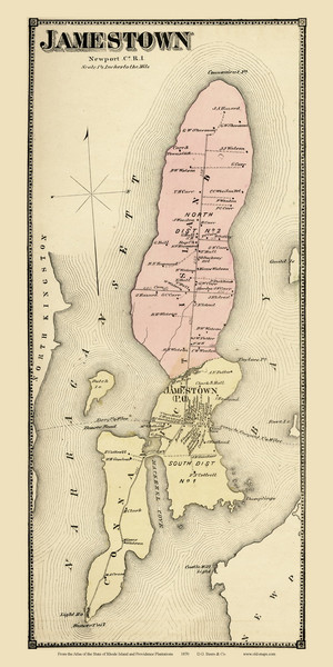 Jamestown - Custom, Rhode Island 1870 - Old Town Map Reprint