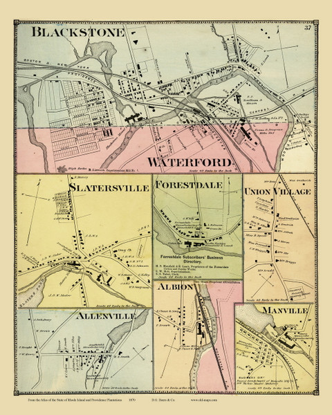 Smithfield, Blackstone, Waterford, Forestdale & Albion, Rhode Island 1870 - Old Town Map Reprint