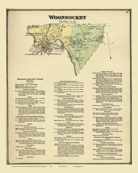 Woonsocket and Business Directory, Rhode Island 1870 - Old Town Map Reprint