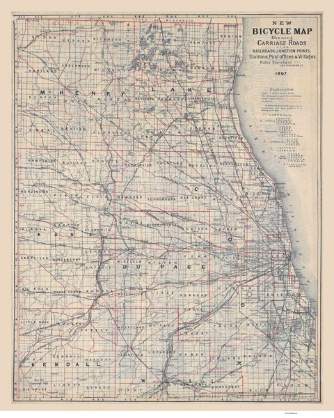 Chicago Area 1897 Blanchard - Bicycle - Old Map Reprint -  Illinois Cities