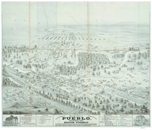 Pueblo & South Pueblo, Colorado 1874 Bird's Eye View - LC