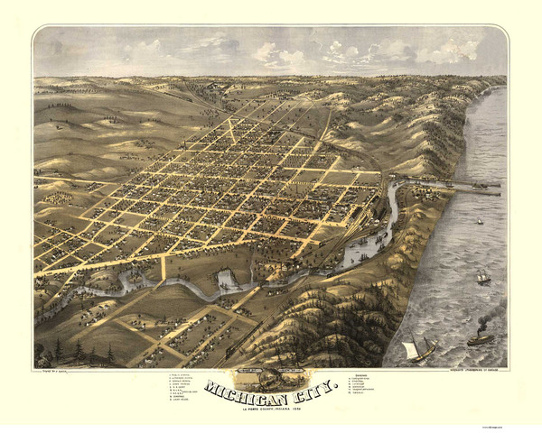 Michigan City, Indiana 1869 Bird's Eye View - River
