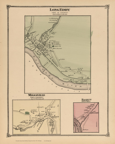 Long Eddy, Milesville and Basket, New York 1875 - Old Town Map Reprint - Sullivan Co. Atlas